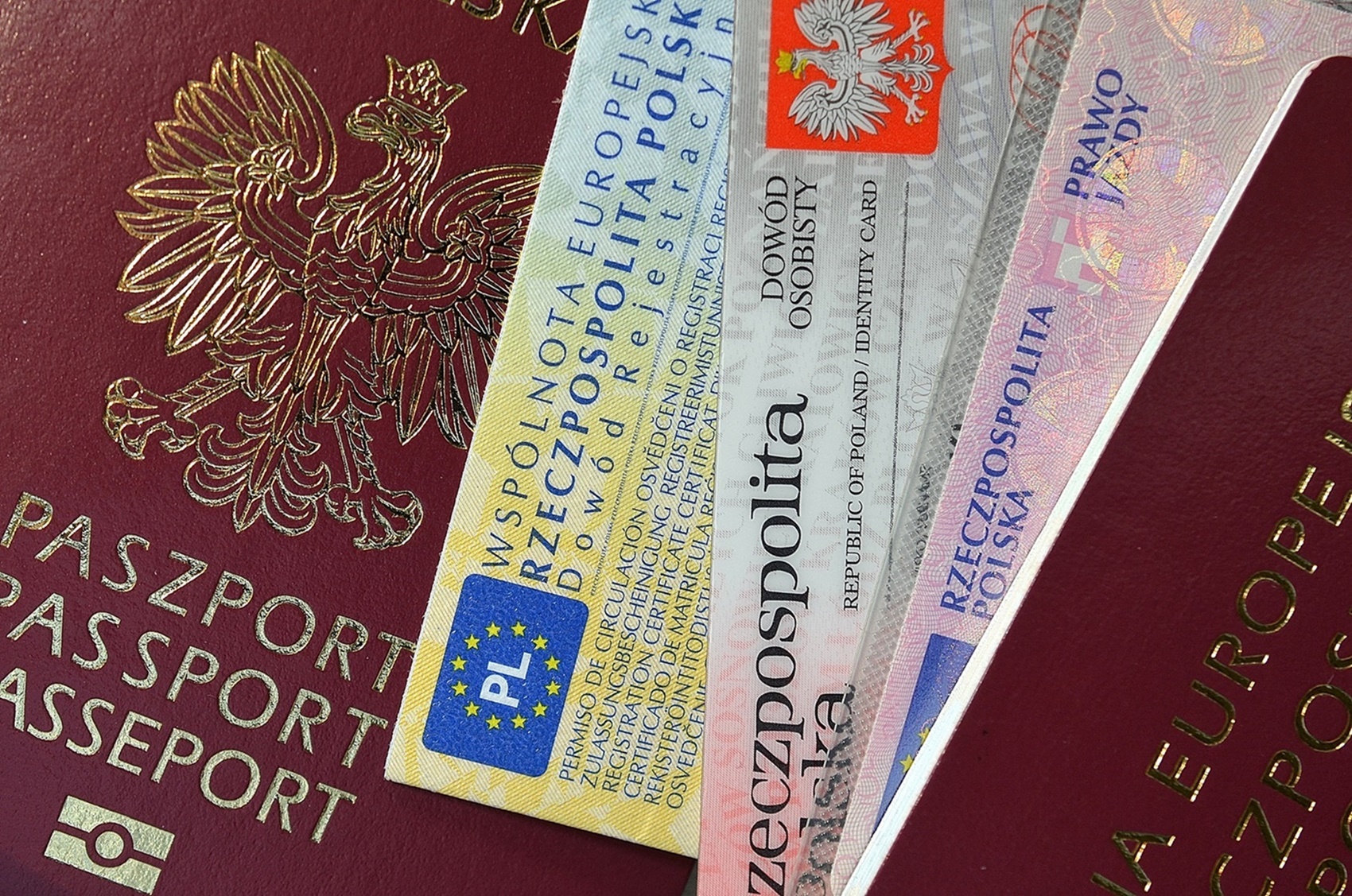 Polskie dokumenty, w tym paszport, dowód rejestracyjny, dowód osobisty oraz prawo jazdy
