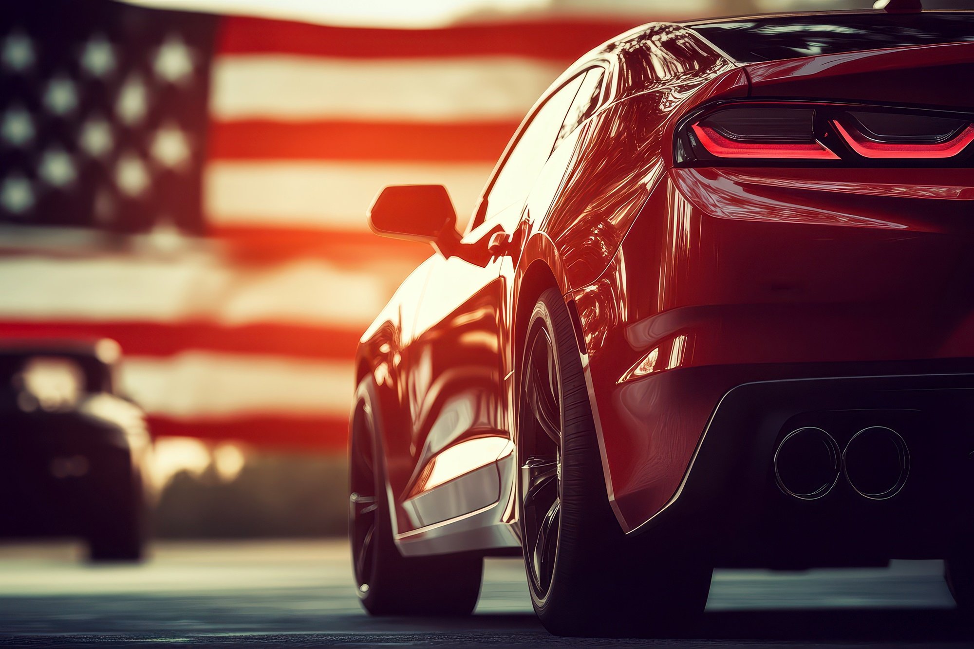 Amerykański samochód na tle flagi USA