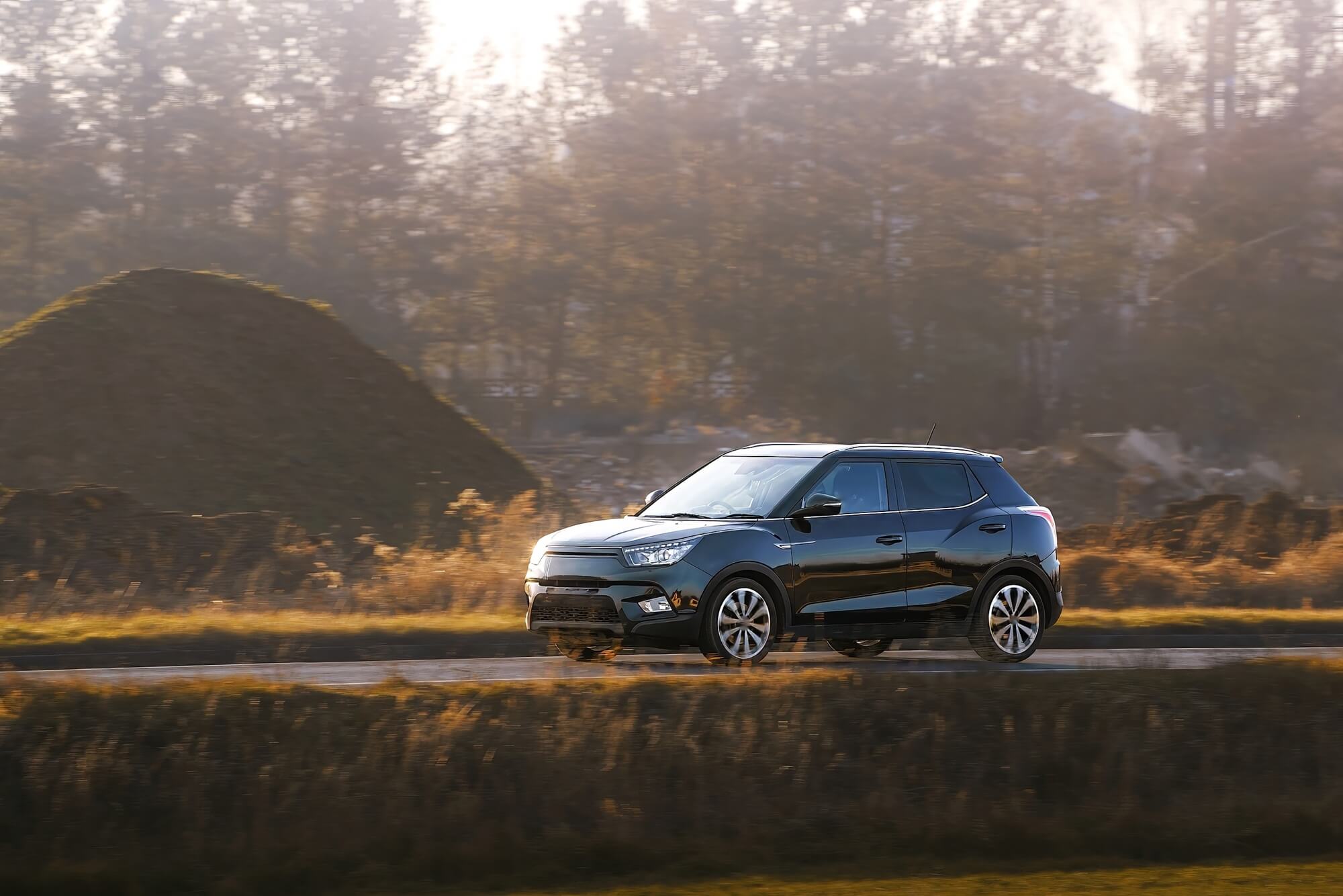 czarny hatchback jedzie polną drogą